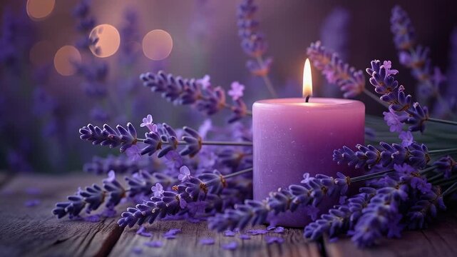 Tranquil candle and lavender arrangement in harmonious purple hues, placed on a wooden table with soft, dreamy&nbsp;lighting