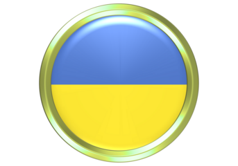 Patriotic Ukraine Flag Symbol - Glossy Circle Button with Golden Metallic Trim, Isolated on White Background