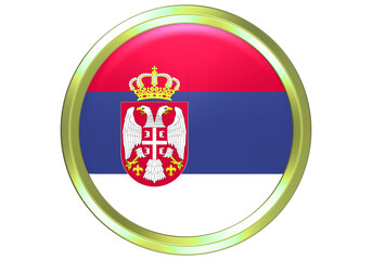 Fototapeta premium Glossy 3D Serbia National Flag Button with Golden Frame on White Background