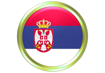 Glossy 3D Serbia National Flag Button with Golden Frame on White Background