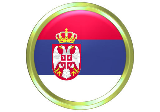 Glossy 3D Serbia National Flag Button with Golden Frame on White Background