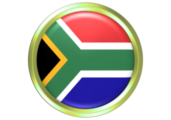 Glossy 3D South Africa Flag Button with Golden Frame on White Background