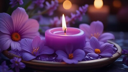 High-detail photograph of a purple candle centerpiece with floral decoration, perfect for wellness and relaxation themes - Powered by Adobe
