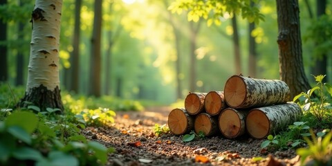 Serene woodland path with sunlit birch logs resting gently on the ground