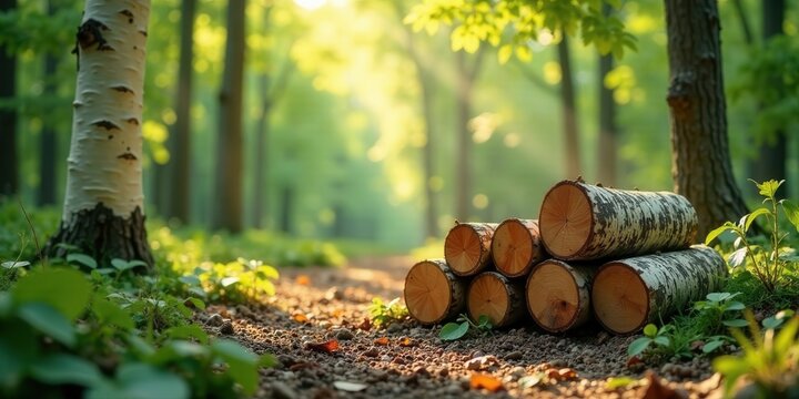 Serene woodland path with sunlit birch logs resting gently on the ground