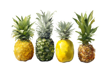 Four fresh pineapples with green leaves and varying ripeness on a white background.