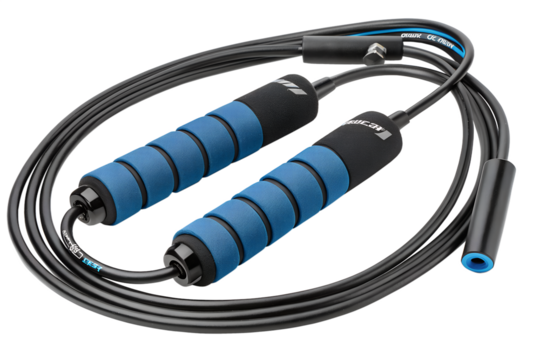 Black jump rope with blue foam handles coiled for fitness