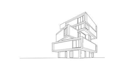 Single continuous line art of a modern building architecture design, a minimalist style illustration in eps format