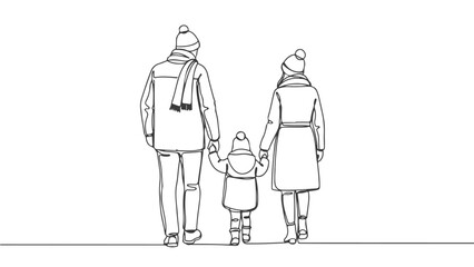 Continuous single line art drawing of a family walking in winter clothes. Minimalist vector illustration of parents and child holding hands