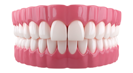 A realistic depiction of a full set of healthy white human teeth