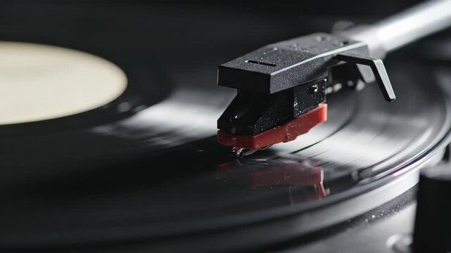 Macro view of a record player stylus tracking the grooves of a black vinyl LP record while spinning.