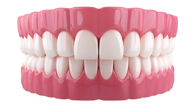 A realistic depiction of a full set of healthy white human teeth