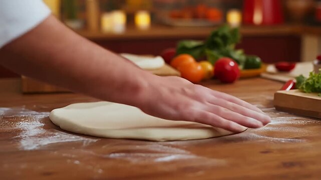 Hand shaping pizza dough for homemade italian flatbread preparation recipe
