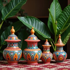 Four ornate hand painted ceramic jars with lids in a row