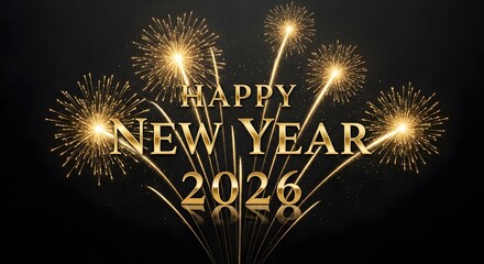 Happy New Year celebration fireworks light up the night sky with a bright explosion of fire and pyrotechnics