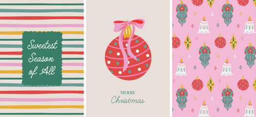 Modern Christmas card and pattern set. Colorful hand-drawn ornaments, striped backgrounds, and festive holiday elements. Perfect for seasonal greeting cards, poster, invitation, gift tags, stationery.