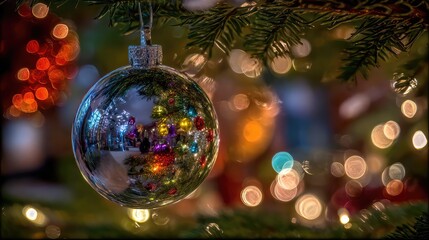 Naklejka premium Detailed close-up of a shiny Christmas ornament reflecting festive lights and colors, capturing the spirit of the holiday season in a beautifully blurred background of joy and celebration.