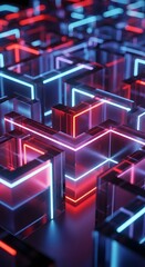 Abstract geometric composition featuring interconnected transparent cubes illuminated with vibrant blue and red neon lights, creating a futuristic and technological aesthetic.