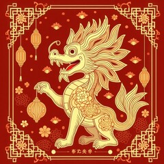 Golden chinese dragon holding lanterns with red background and ornate border