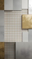 Abstract composition featuring a grid pattern overlaid with metallic and matte squares in gold, silver, and white tones.