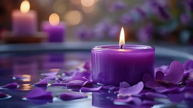 Vibrant purple candle with glossy surface reflections, decorated with scattered violet petals, in a serene spa environment with blurred background