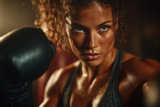 Sweaty athletic woman in boxing gloves throwing a punch toward the camera, eyes locked in intense focus under dramatic gym lighting, representing strength, determination, and fighting spirit.