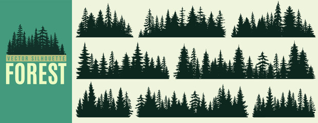 Fototapeta premium Set of pine tree, coniferous forest, mountain wild nature and botanical leaf silhouette. Vintage christmas or fir tree and winter garden landscape. Spruce icon, woodland or evergreen plant background.