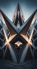 Abstract architectural facade featuring a symmetrical, angular design with sharp lines and contrasting light and shadow, creating a modern and geometric pattern.