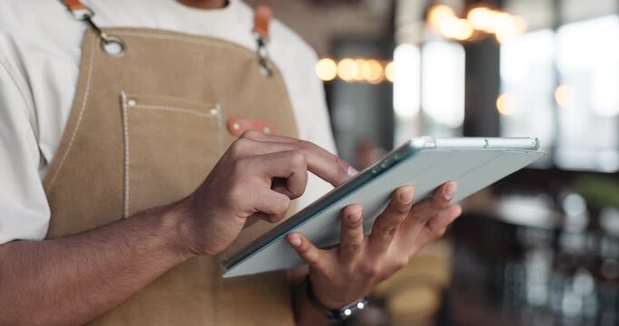 Scroll, waiter and hands with tablet in restaurant for inventory check, ordering app or schedule delivery. Bokeh, man or tech for stock management in bistro, online shopping or digital storage record