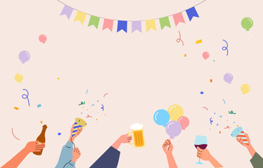 Vibrant Party Celebration background with Drinks, Confetti, and Balloons