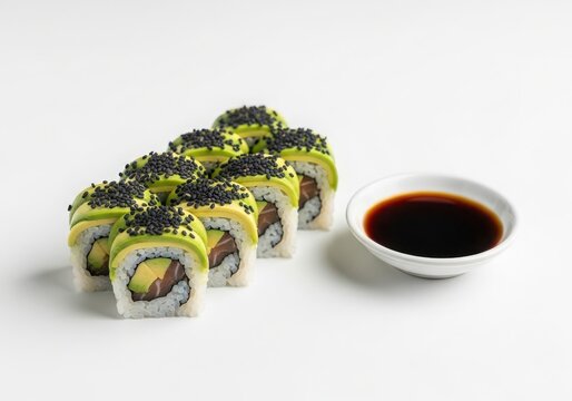 Delicious sushi roll with avocado and salmon, sprinkled with black sesame seeds, beside soy sauce.