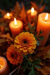 Warm autumn glow of candles and orange flowers
