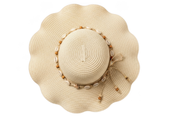 A widebrimmed straw hat decorated with seashells and beads, isolated on transparent background