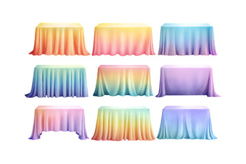 Collection of colorful draped tables with gradient fabric set of nine isolated on white background.