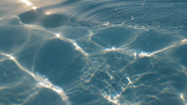 Slow motion close up view of sunlight refracting and shifting through gently rippling clean water surface creating mesmerizing caustic patterns science of light, sun reflection, surface pattern