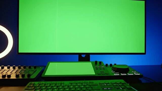 Modern video editing studio setup featuring a green screen monitor for chroma key compositing, equipped for seamless post-production workflows and creative media projects