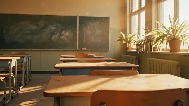 Empty Classroom Desks, Chalkboard, and Sunlight - A Quiet Space for Learning and Education