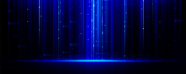 Abstract digital tech background with glowing blue vertical lines and scattered light particles on dark surface. Data pattern with futuristic ai interface atmosphere for modern technology design.