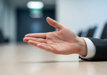 Professional's hand extended on conference table, offering or presenting