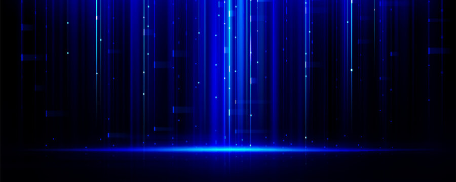 Abstract digital tech background with glowing blue vertical lines and scattered light particles on dark surface. Data pattern with futuristic ai interface atmosphere for modern technology design.