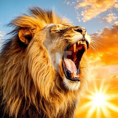 Naklejka premium Wild lion roaring at sunset african savanna animal photography natural environment close-up majesty of wildlife