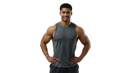 Man with muscular build wearing a gray tank top and smiling with hands on hips against black background