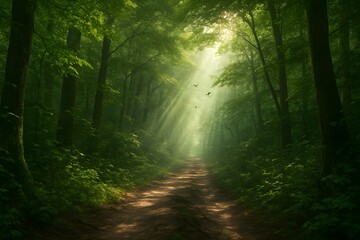 Obraz premium A calm green forest with bright morning sunlight falling gently on a quiet pathway. The picture gives a sense of peace, hope, and nature’s beauty.