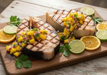 Grilled salmon steaks topped with fresh mango salsa and garnished with citrus fruits and parsley