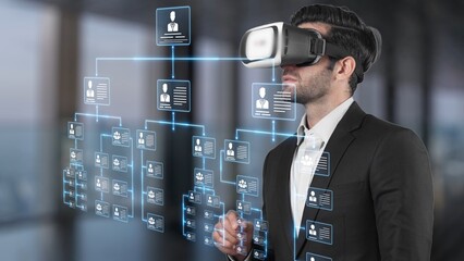 A business professional engages with a virtual reality headset in a modern office, exploring a...