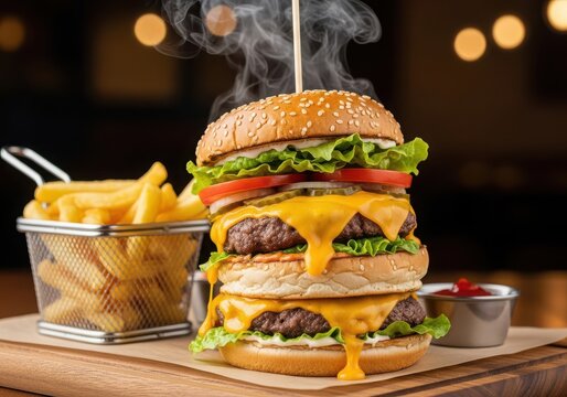 Steaming triple cheeseburger with fries and ketchup, savory and delicious fast food meal presentation