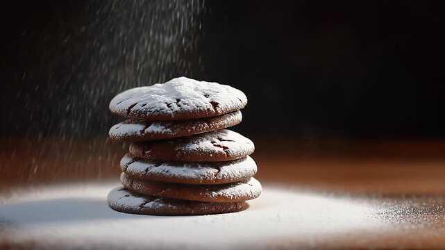 Dramatic slow-motion video captures a stack of freshly baked chocolate or gingerbread cookies being showered with fine powdered sugar.
