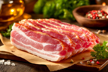 Obraz premium Raw bacon sizzling on parchment paper ready for cooking at a kitchen countertop Generative AI