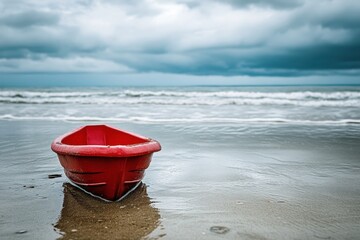 Red toy boat sits alone on wet sand with ocean waves and cloudy sky backdrop