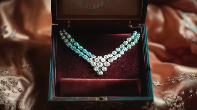 A luxurious, glittering diamond necklace, set in a vintage red velvet jewelry box, evokes timeless romance, elegance, and the glamour of high-society occasions like engagements, anniversaries.